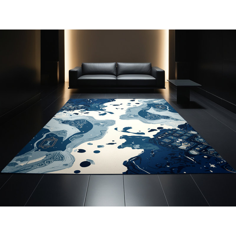 Soft Plush Eichhorn Bold & Eclectic Modern Abstract Area Rug in Blue – Navy Binding, 7x9