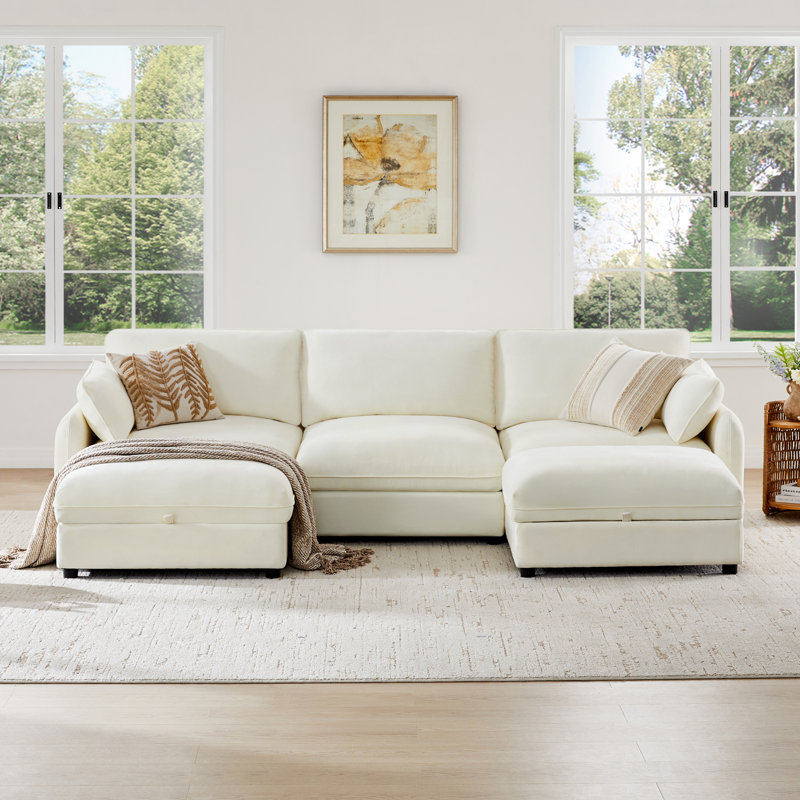 112" W 5 - Piece Modern Soft Upholstered Modular Sectional Sofa With 2 Ottomans, Linen Polyester