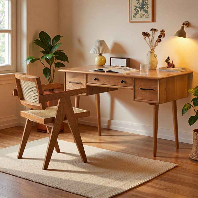 Medium Simple Rectangular Cherry Wood Writing Desk, 29.52" H x 55.11" W x 25.59" D