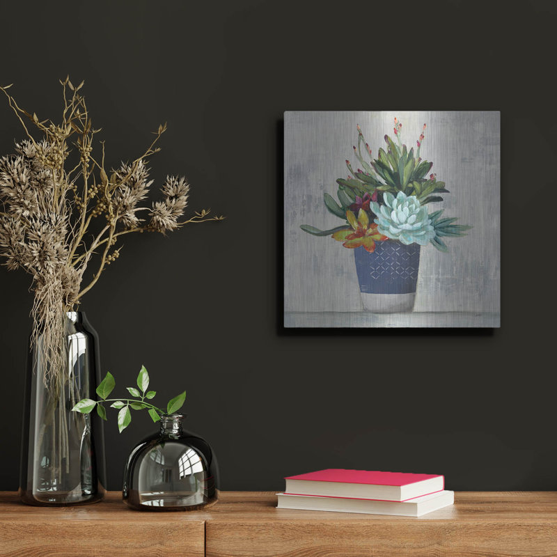 «Succulent Still Life 1 Navy» par Julia Purinton, art mural en métal, H 12 po x l 12 po