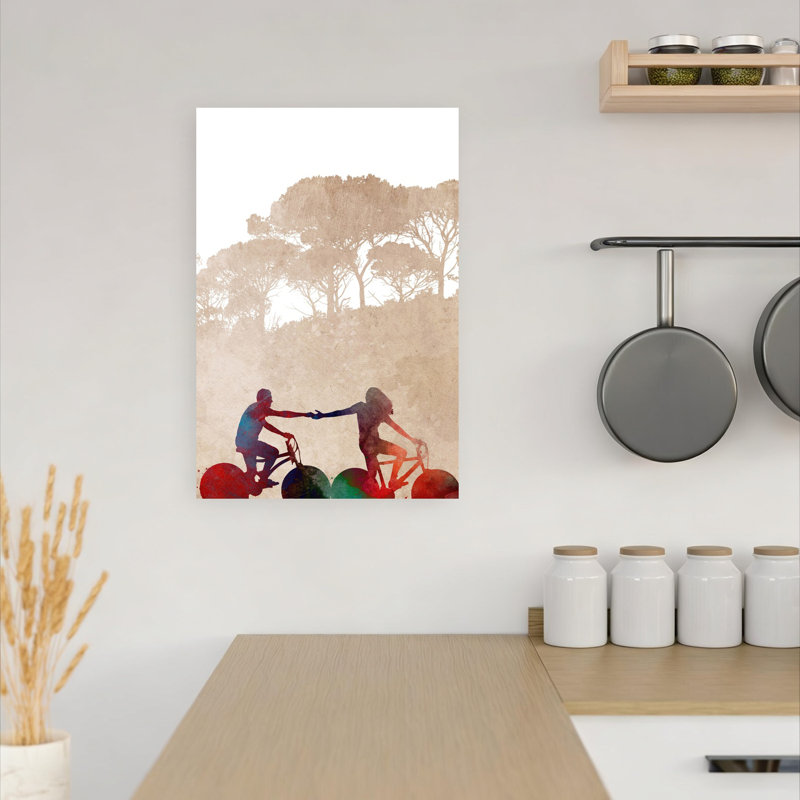 «Biking Couple main dans la main», art contemporain coloré, paysage contemporain, 18" H x 12" W