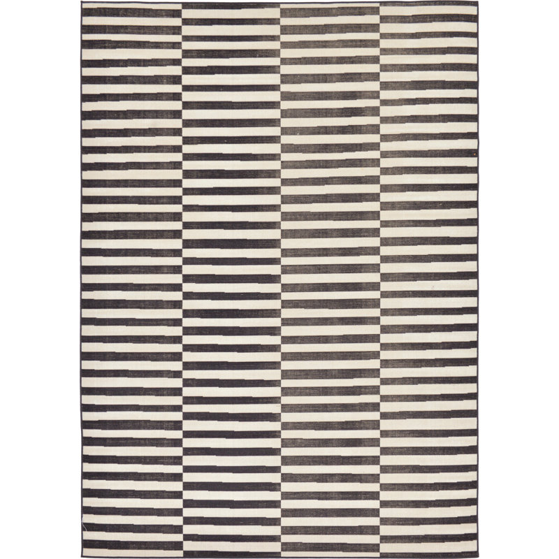Tapis rayé ivoire / noir Arzilla, Black, Rectangulaire 7 pi 1 po x 10 pi