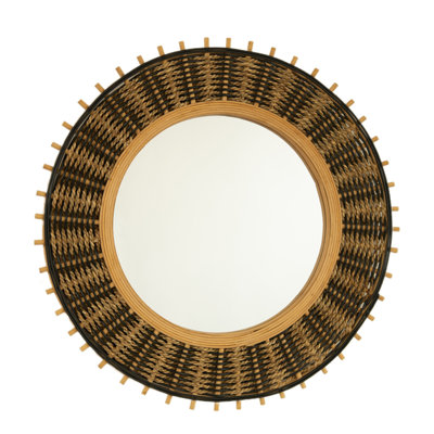 Miroir Echo 23 po, miroir mural rond en bambou avec cordes en chanvre jaune clair et noir, convient pour la salle de bain, la chambre à coucher, le salon, le vestibule, etc.