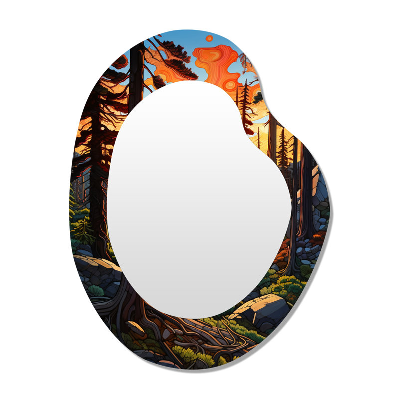 «Warm Sunset Colors In The Mountains Woods» - miroir décoratif asymétrique forêt, grand miroir mural de forme unique traditionnelle, impression d'art en métal
