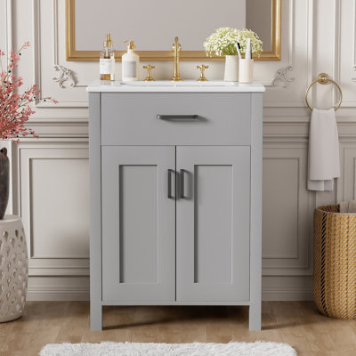 Ensemble de meuble-lavabo 24 po avec lavabo en céramique, meuble-lavabo peu encombrant - l 24 po x P 18 po x H 34 po, 2 portes à fermeture en douceur