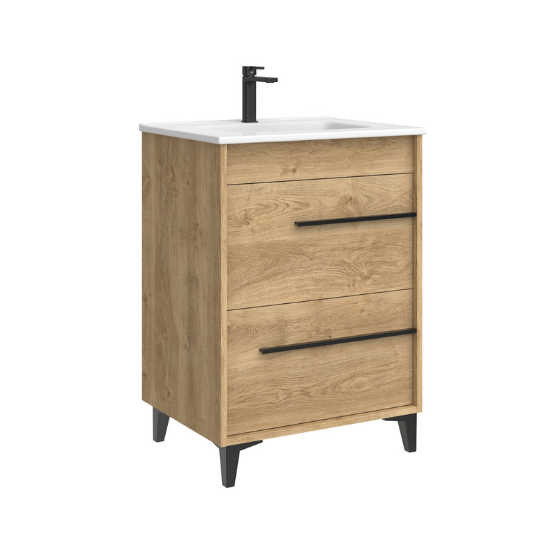 Lotus Freestanding Single Bathroom Vanity with Ceramic Top, Natural Oak, 24"