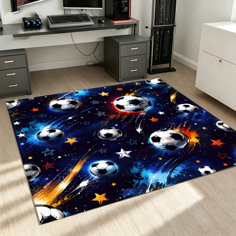 Soccer Ball Area Rug, Creative Starry Sky Print, Non-Slip Soft Floor Mat, Indoor Decorative Carpet for Living Room, Bedroom, Playroom, World Cup Soccer Decor