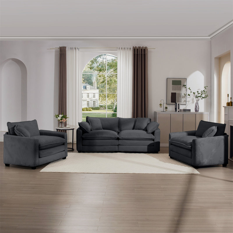 Warm And Cozy Sofa Set With Soft Cushions And Pillows, Home Theater Style Sofa Set Consisting Of One 2-Seater Sofas And Two Single Sofa In Corduroy Fabric