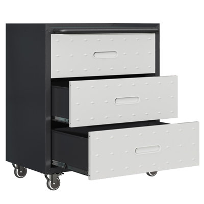 Heavy-Duty Metal Storage Cabinet With 3 Drawers And Wheels - Garage, Office, Home. Black/Gray. 28.74"W X 16.54"D 33.8"H. Construction. 360 Rotatable . Generous Drawer Space. Powder-Coated Surface.
