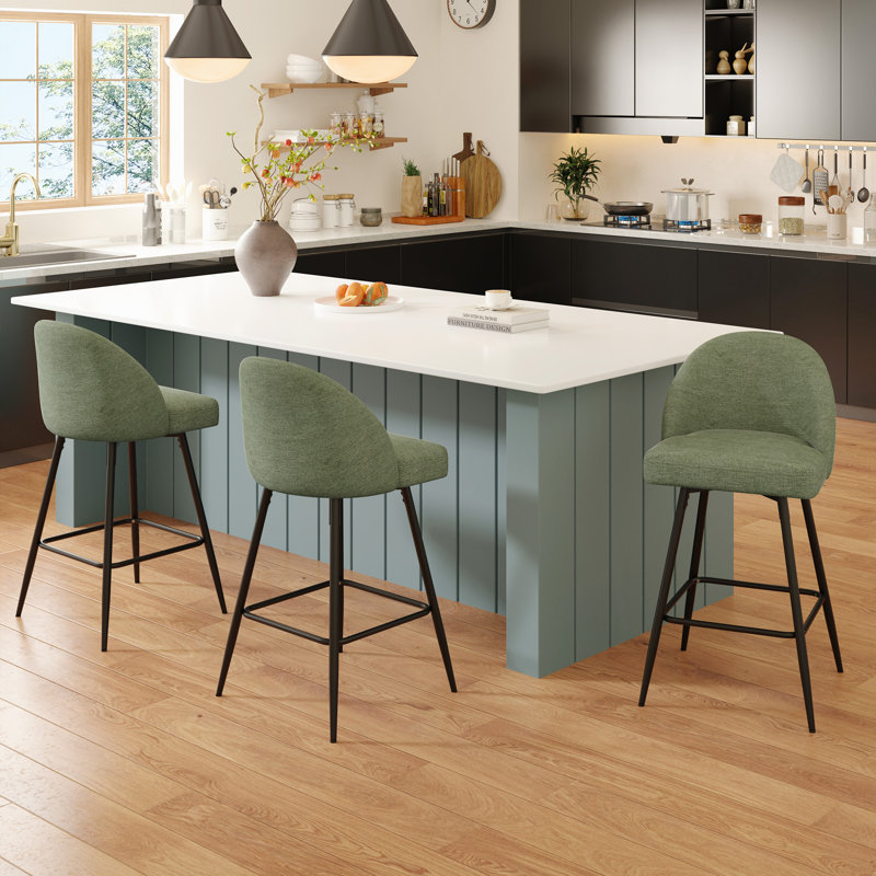 Swivel Bar Stools Set Of 3, Counter Height Bar Stools With Back & Metal Legs-Green, Green/Chenille