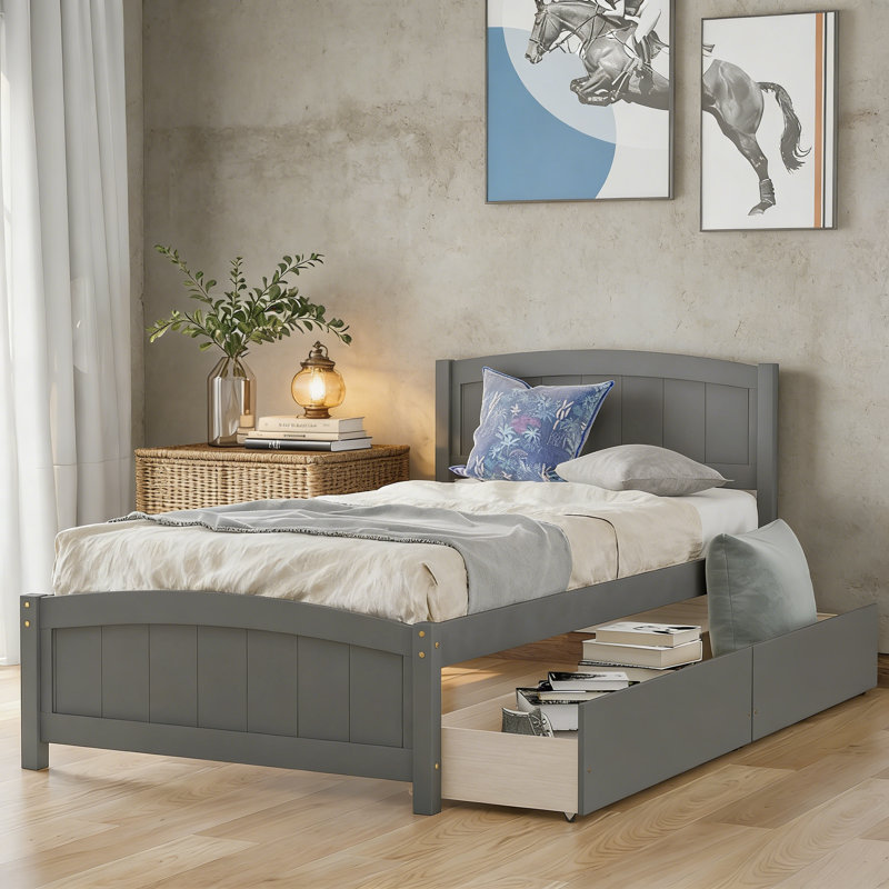 Lit plateforme simple avec deux tiroirs, Grey