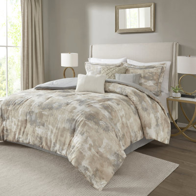 7 Piece Comforter For Queen - Textured Fabric Gray, Taupe, Cream Abstract Print 3 Decorative Pillows Cotton Blend In 2 Matching Shams Bed Skirt
