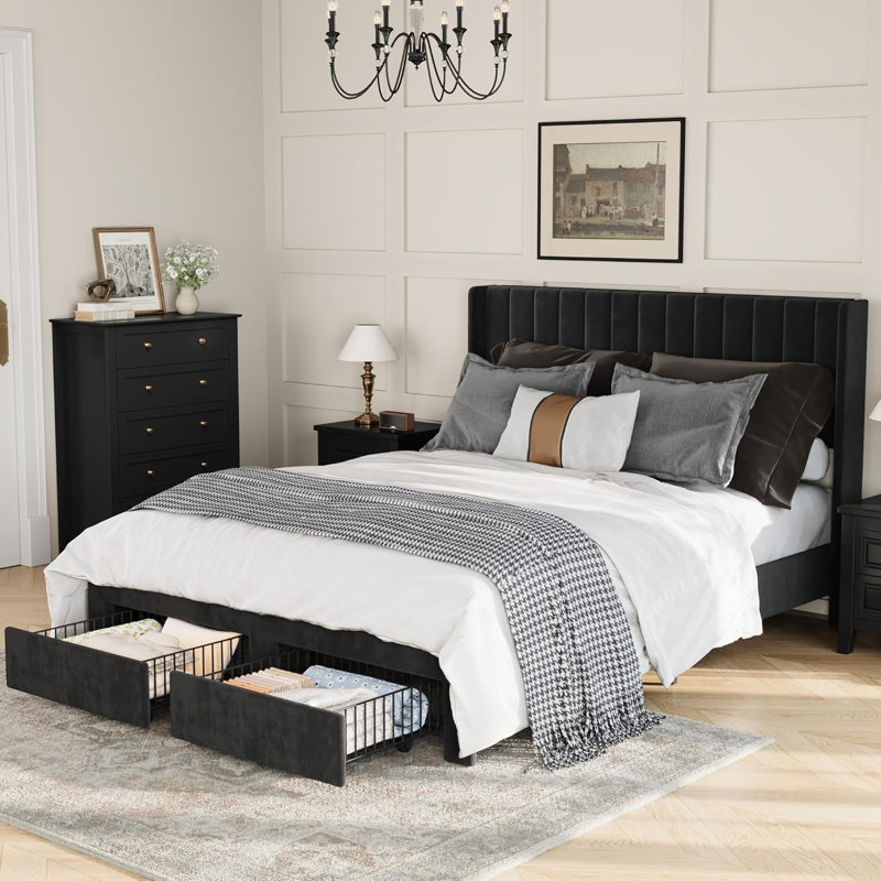 Cadre de lit, lit plateforme tapissier avec tête de lit en velours, conception à oreilles, Grand lit, Noir