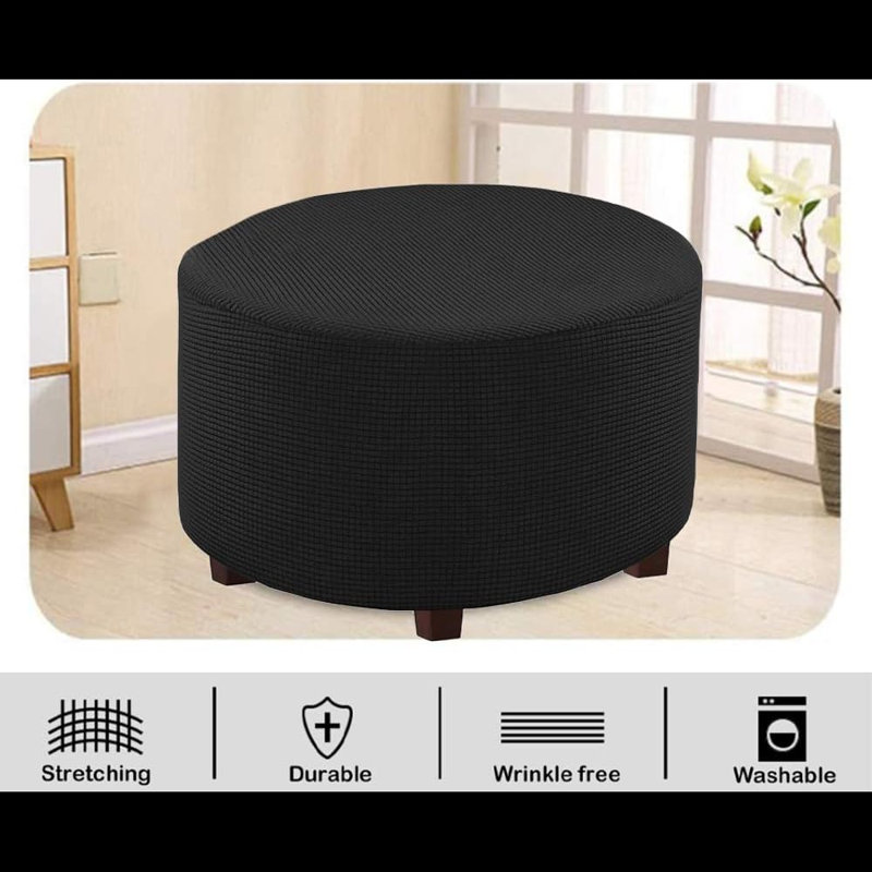 Round Ottoman Slipcover Polyester Blend Footstool Protector Covers Stretch With Elastic Bottom Feature Textured Machine Washable Jacquard Fabric
