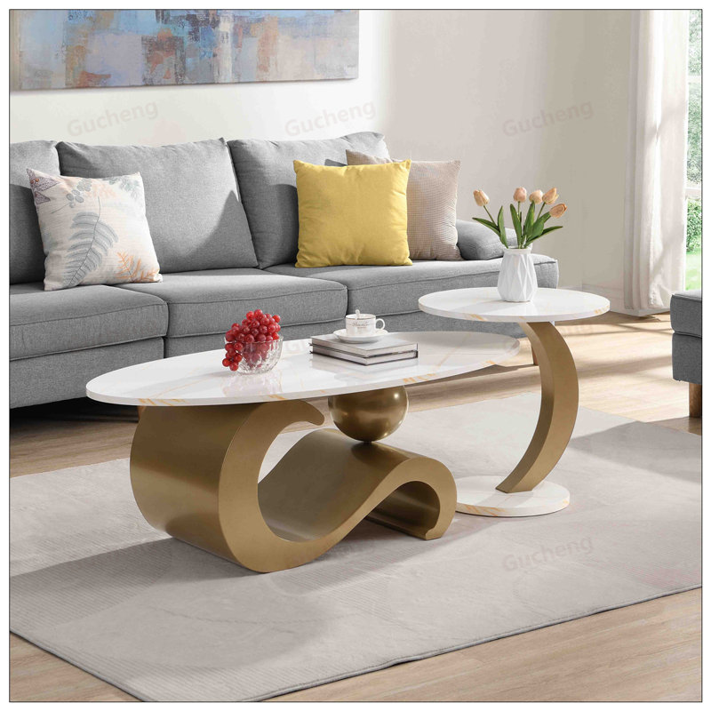 Ensemble de 2 tables basses Modern Modern, élégant faux marbre et structure en métal doré, Blanc, Doré, Marbre