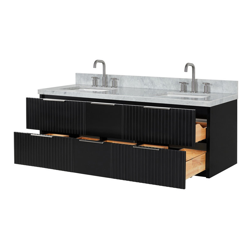Meuble-lavabo mural double rectangulaire 61 po avec comptoir en marbre blanc de Carrare 1,5 po Mulloy, Rectangulaire, Noir