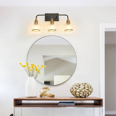 23" Modern 3-Light Vanity Wall Sconce - Black and Gold Bathroom Light Fixture with Clear Glass Shades, Industrial Wall Mounted Lamp for Mirror, Vanity, and Living Spaces (Bulb Not Included)
