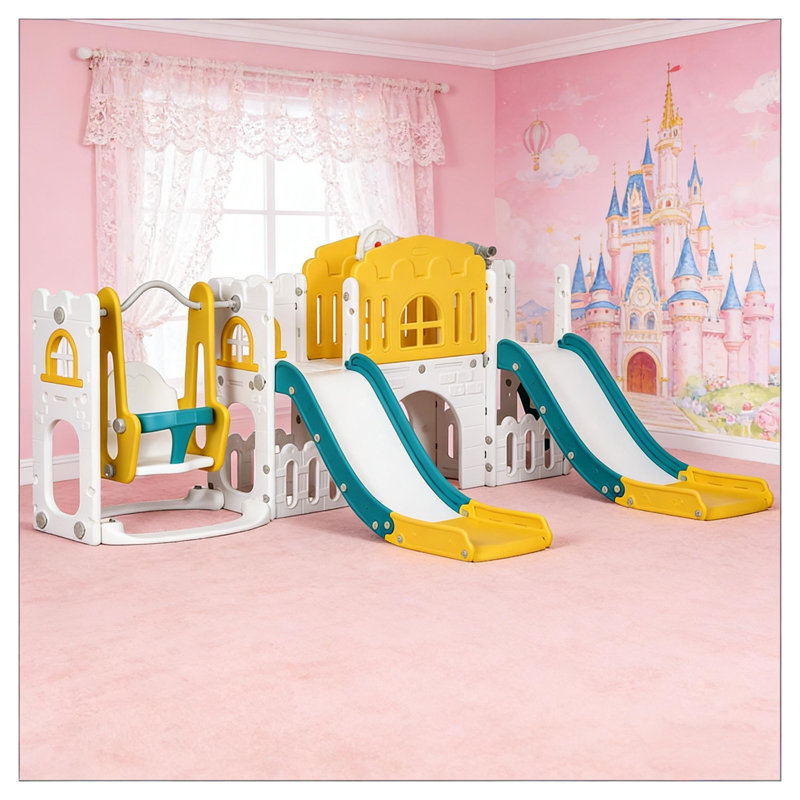 Ensemble de jeux pour tout-petits 8 en 1 avec glissoire double, balançoire et tunnel en blanc et jaune