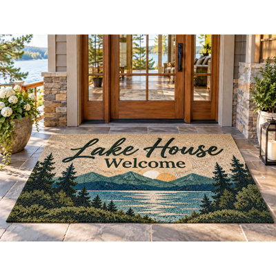 5' x 7' Outdoor Area Rug Lake House Welcome Mountain Lake Heavyweight Solid Waterproof PVC Coil Loop Carpet, Patio RugQuick Dry Large Doormat Porch Entryway RV Camping
