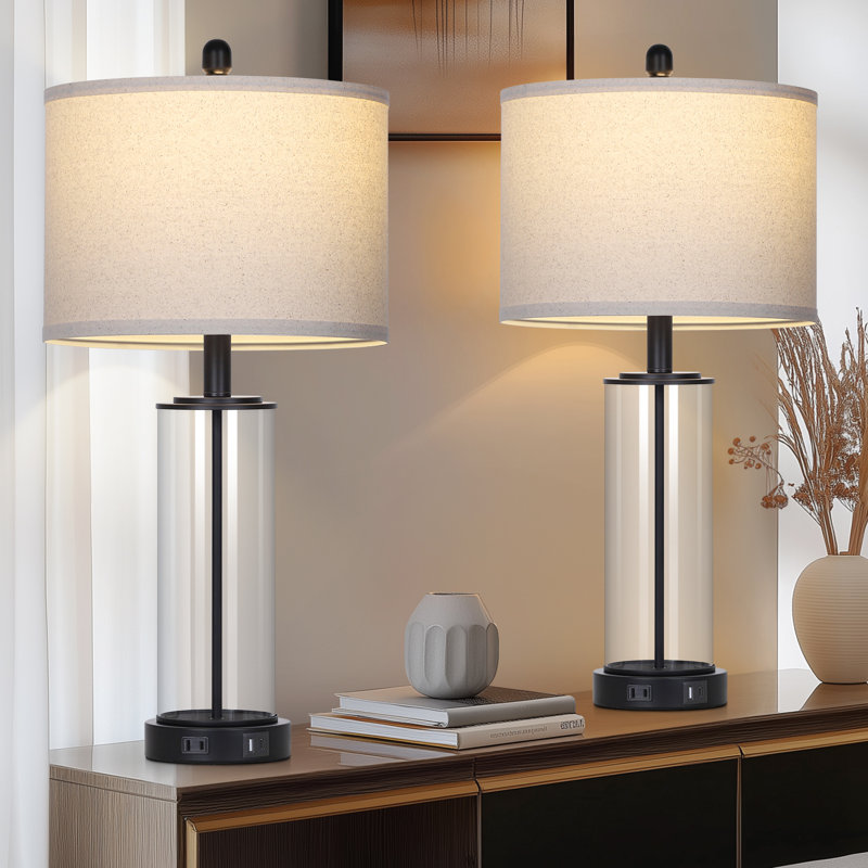 Lampe de table 26 po à contrôle tactile moderne en verre avec deux ports USB, Noir/transparent, Beige
