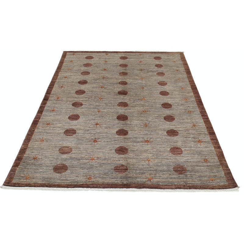 Tapis beige et brun en laine noué à la main 5 pi x 6,5 pi