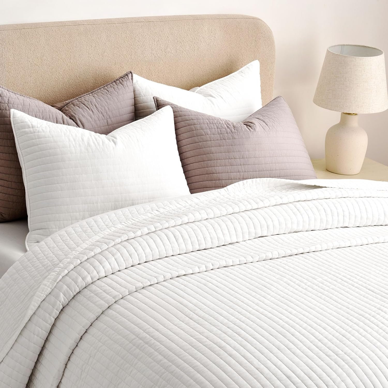 Cotton Sateen Quilt Set, King Quilt + 2 King Shams, Bright White