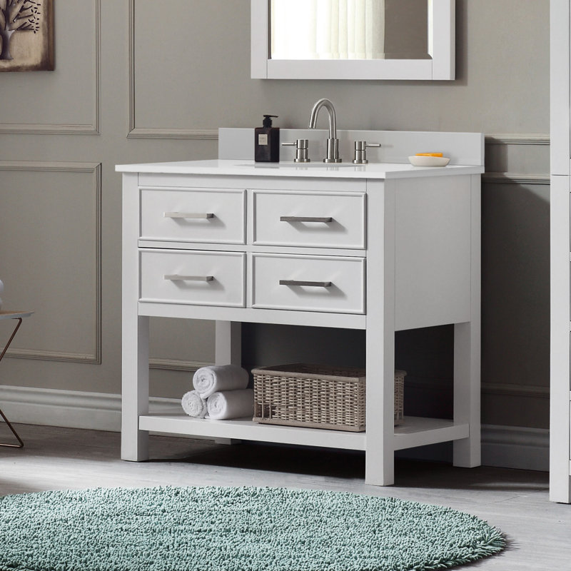 Ensemble de meuble-lavabo simple 37 po Brooks, Blanc, Pierre artificielle blanche