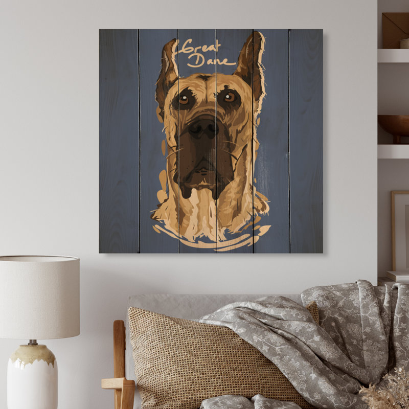 Caricature d'un grand danois - reproduction traditionnelle sur bois brun, H 36 po x l 36 po x P 1 po