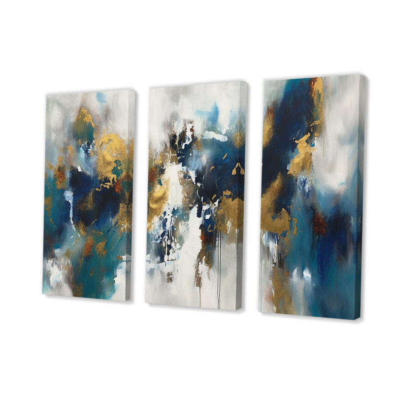 «Feeling Spirit» abstrait en bleu Nova et or I 3 pièces, H 28 po x l 36 po x P 1 po