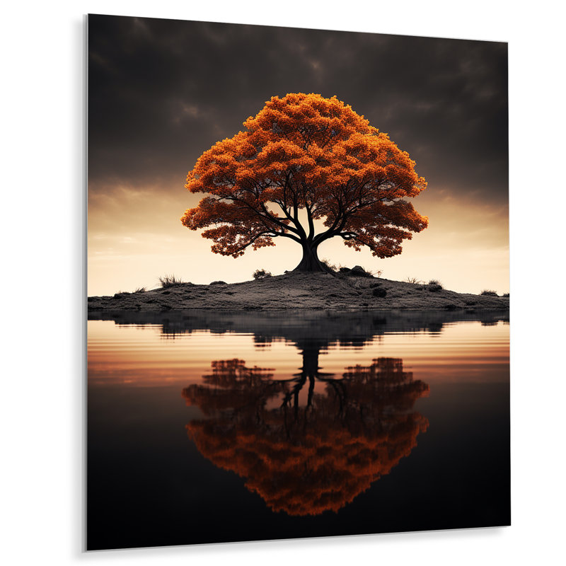 Arbre de sagesse d'automne au milieu du lac - Art mural chêne, Métal métal, H 32 po x l 24 po x P 1 po