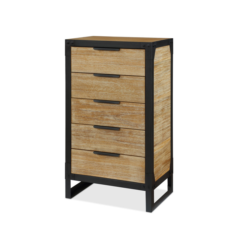 Commode 5 tiroirs Pacie, Brun acacia