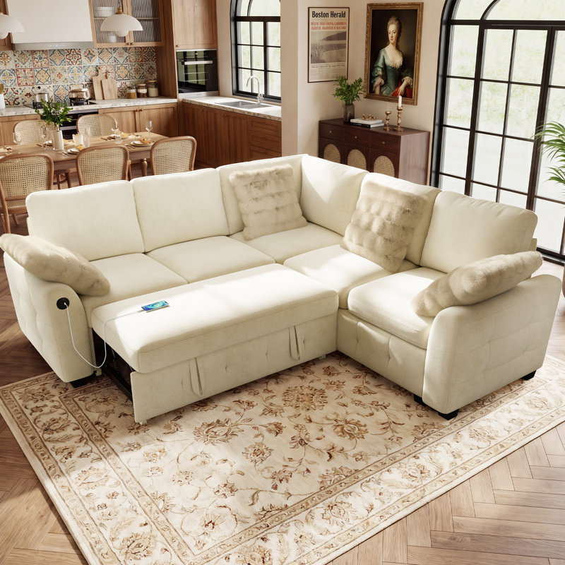 Canapé-lit modulaire en L 83 po avec lit escamotable et chargement USB Macleod, BEIGE