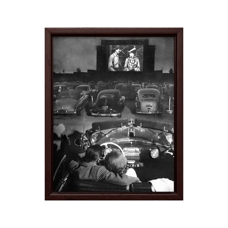 Drive in Movie Theatre, Canvas, 16"H x 20"W, Brown Framed