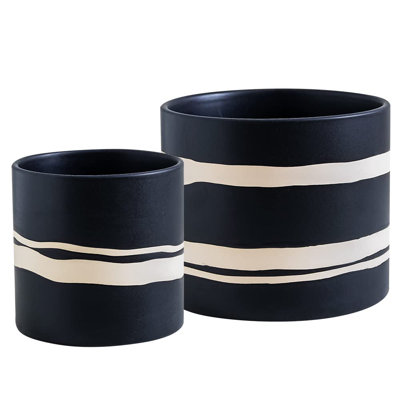 Ceramic Modern Plant Pot with Drainage for Indoor Plants,Cylinder Flower Pot with Rubber Plugs, Sturdy Planter Pots(Black & Nature/Set of 2)