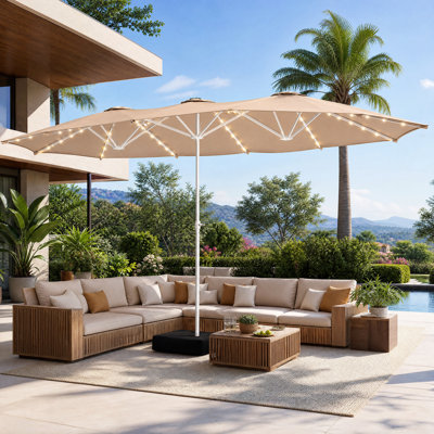 15ft Double Sided Patio Umbrella with Solar LED Lights, Heavy Duty Base & Sandbags Included