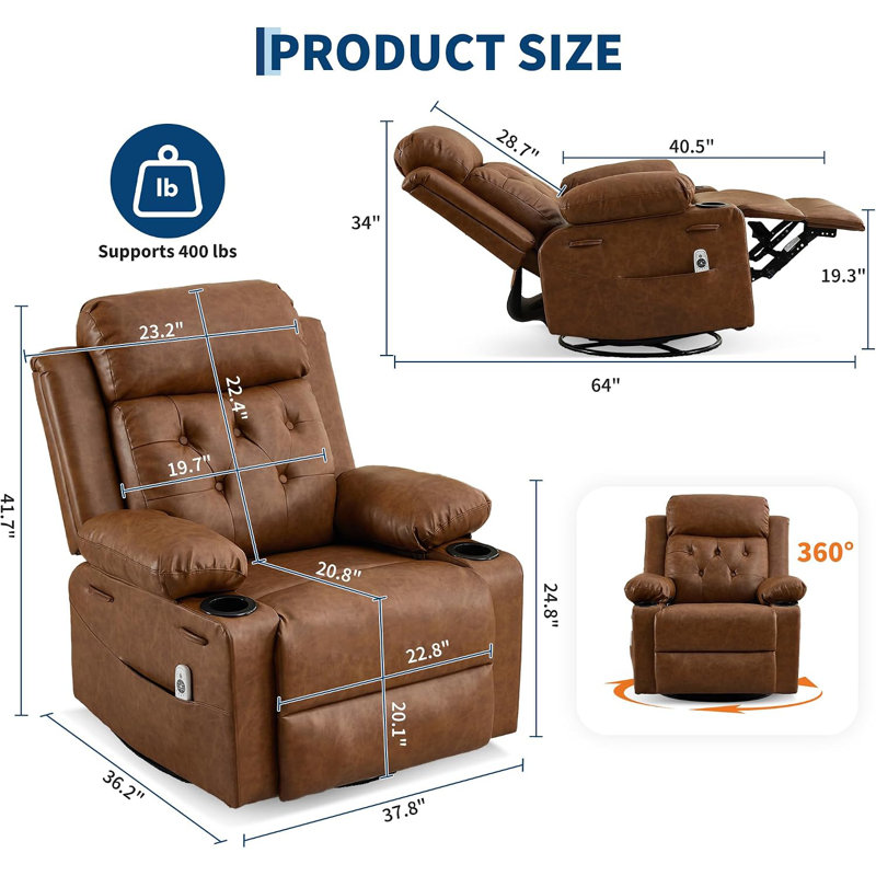 Fauteuil inclinable pivotant surdimensionné à 360°, manuel, en polyuréthane brun, 54 pouces, PU1