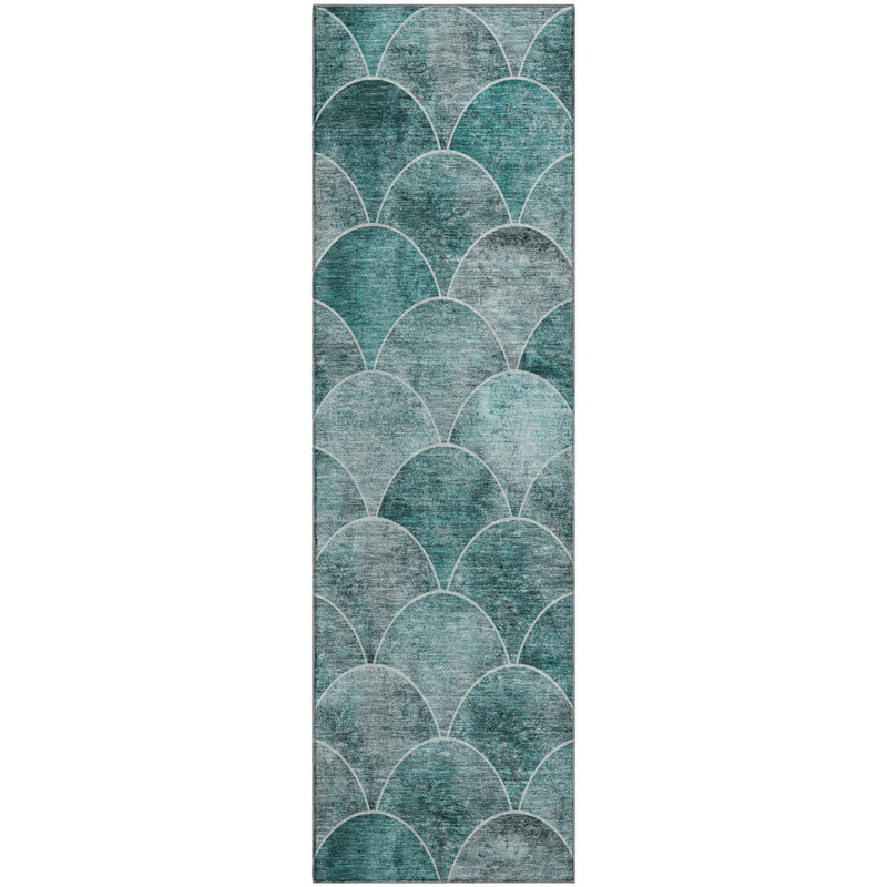 Teal Washable Synthetic Geo Pattern Rug - 2'3" x 7'6"