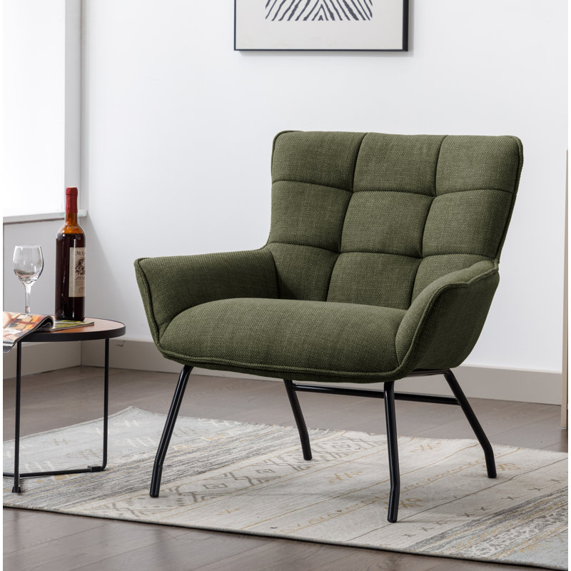 Fabric Accent Chair with Powder Coated Steel Legs, Green Polyester Blend