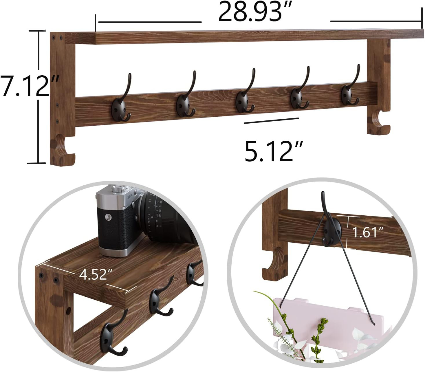 Rosalind Wheeler Coat Rack Wall Mount With Shelf, 28.9 Inches Coat ...