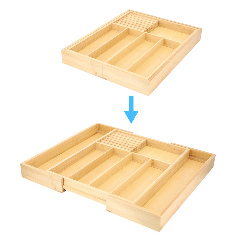 Expanding Drawer Utensil Organizing Tray in Bamboo with Removable Knife Storage