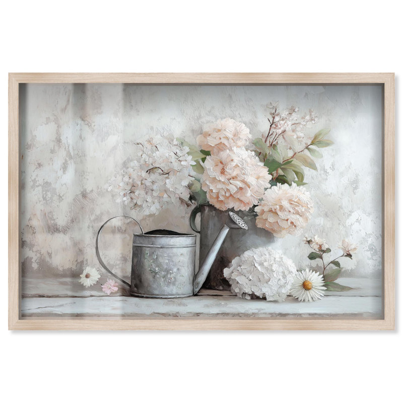Décoration murale «Can and White Blooms Shadowbox» par Art Remedy, Crème, crème, H 31 po x l 46 po