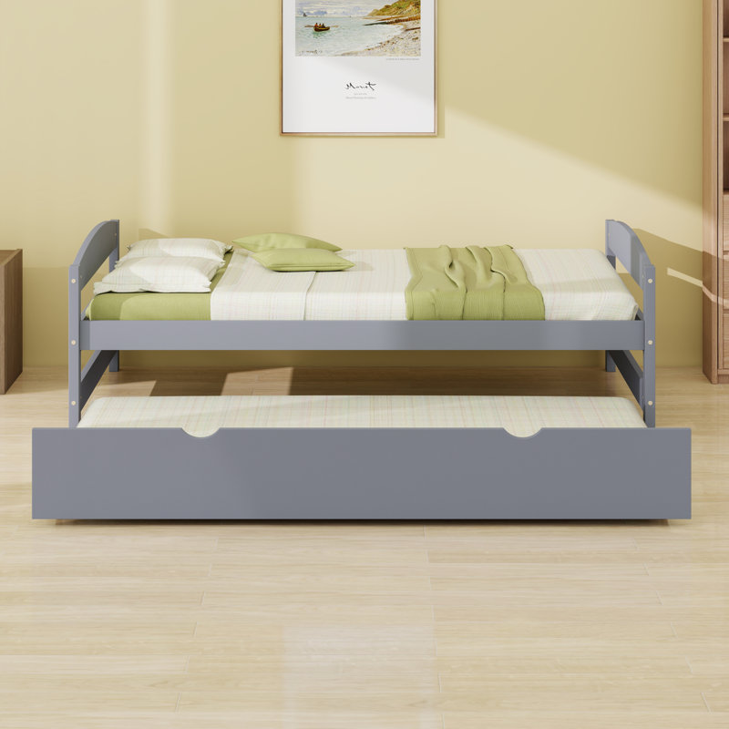 Lit plateforme peu encombrant avec lit gigogne et support en lattes de bois robuste, Gris