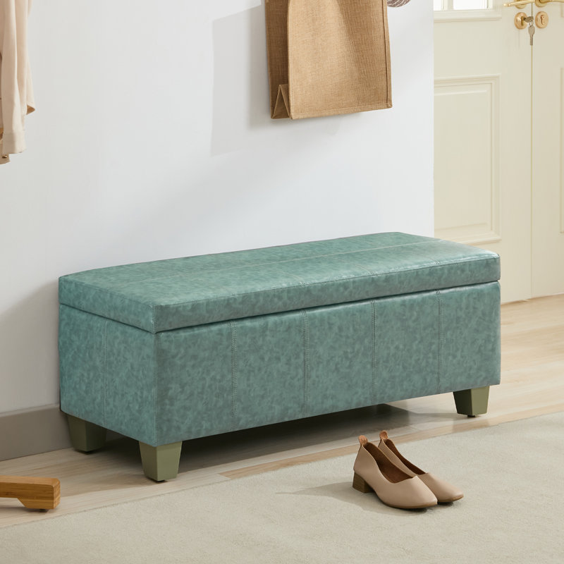 Green Faux Leather Tufted Storage Ottoman with Wooden Legs