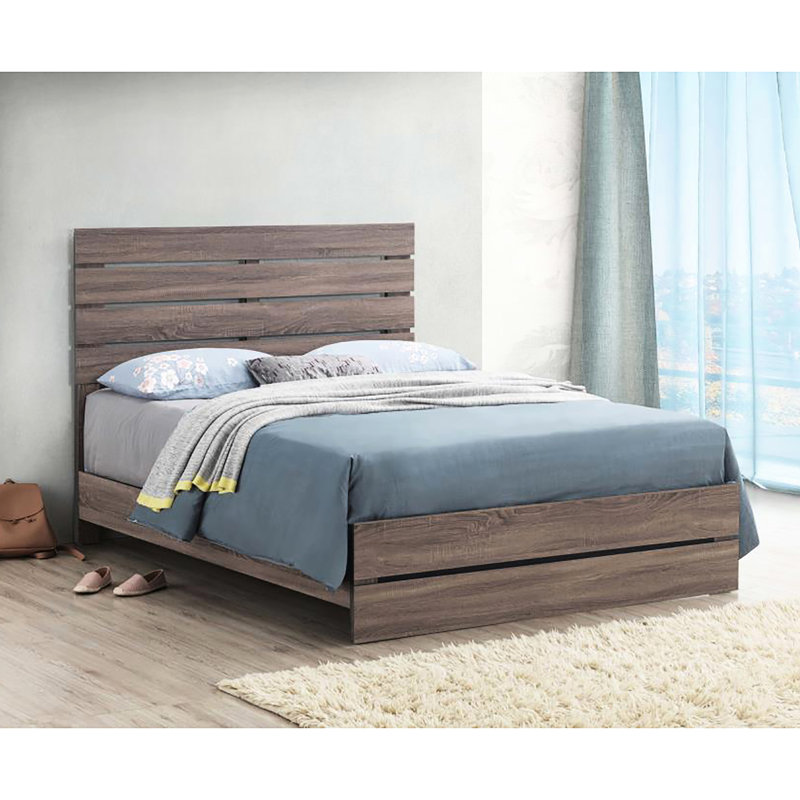 Grand lit rustique avec tête de lit en planches - Convient à divers styles de chambre à lattes à thème, Brun