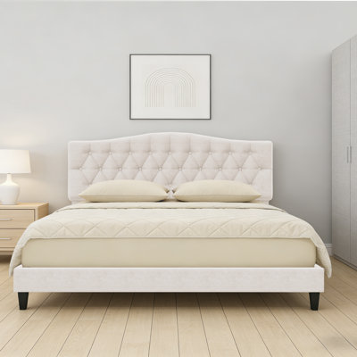 Upholstered Bed with Button Tufted Headboard, Linen Adjustable Platform Bed Frame with Wood Slats and Durable Construction, Beige, King