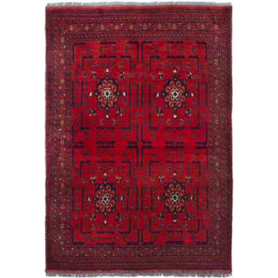 Tapis de zone en laine rouge 3 pi 4 po x 4 pi 10 po one-of-kind à la main-noué la 2010 esari turque Alarick