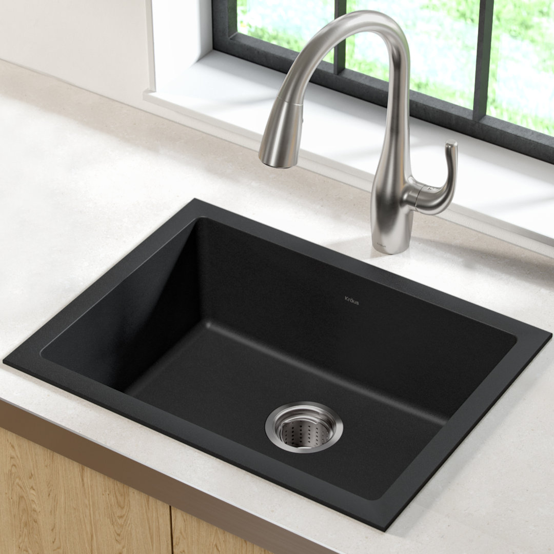 KRAUS 24 inch L Dual Mount Single Bowl Granite Kitchen Sink w/ Topmount and Undermount Installation in Black Onyx Kraus