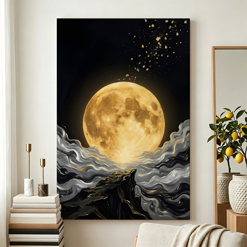 Reproduction d'art sur toile lune céleste et nuage, lune d'or avec nuit étoilée