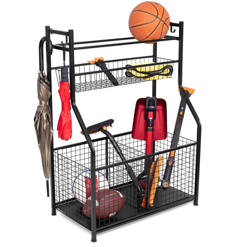 Black Steel Sports Equipment Storage Rack with Hooks and Baskets