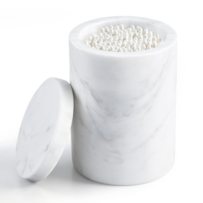 White Natural Marble Canister With Lid, Decorative Vanity Storage Jar For Cotton Balls, Swabs & Bathroom Accessories